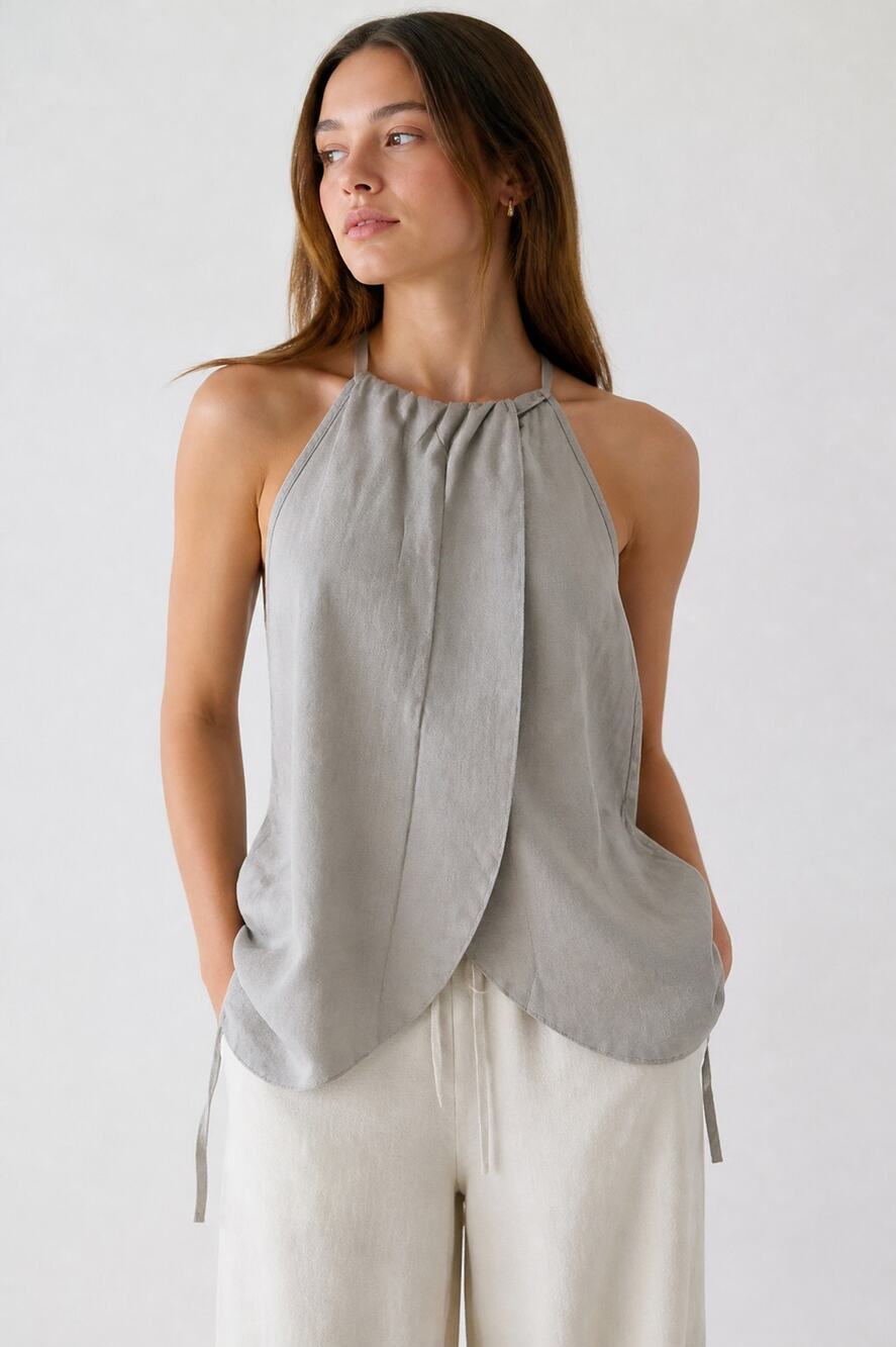 Zara Gray Halter Tie Back Linen Top S - Picture 1 of 8